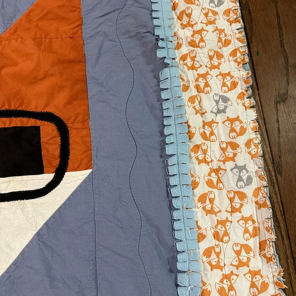 Handmade Fox Wearing Glasses Baby Blanket Quilt 36x42” Blue Orange Foxes